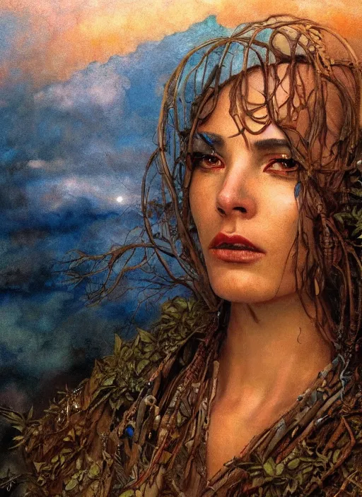 Prompt: biblical shy beautiful female druid android, heavy eyes, closeup, bright glowing veins, in clouds, sunset, portrait, by gerald brom, by mikhail vrubel, by peter elson, muted colors, extreme detail, reflections, trending on artstation, 8 k