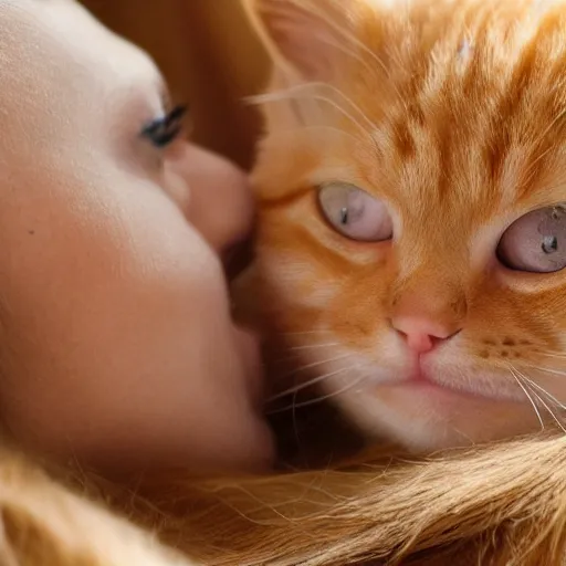 Prompt: an orange tabby kitten and a girl with curly blonde hair cuddling on a bed, photorealistic