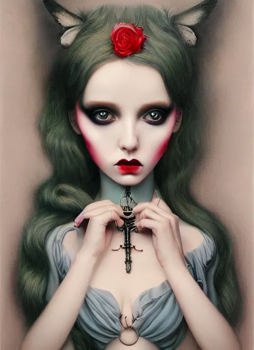 Image similar to pop surrealism, lowbrow art, realistic seductive woman painting, body harness, hyper realism, muted colours, rococo, natalie shau, loreta lux, tom bagshaw, mark ryden, trevor brown style,