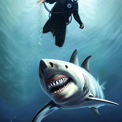 Image similar to a dream fantasy painting of ( white shark with blood teeth ) near a scuba diver, in the deep, trending on artstation, deviantart, matte painting by greg rutkowski, holly bruce, jon kuo