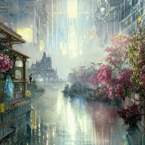 Prompt: a beautifull intricate watercolour painting of a floating ciberpunk cityscape with many flowers, reflexions, verry high details by william turner art, greg rutkowski and alphonse mucha, trending on artstation, very very detailed, masterpiece, - h 7 0 4