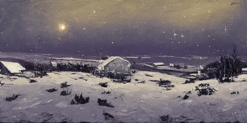 Prompt: A WW2 battlefield, nighttime, winter, calm, stars, shooting star, painting by Isaac Levitan