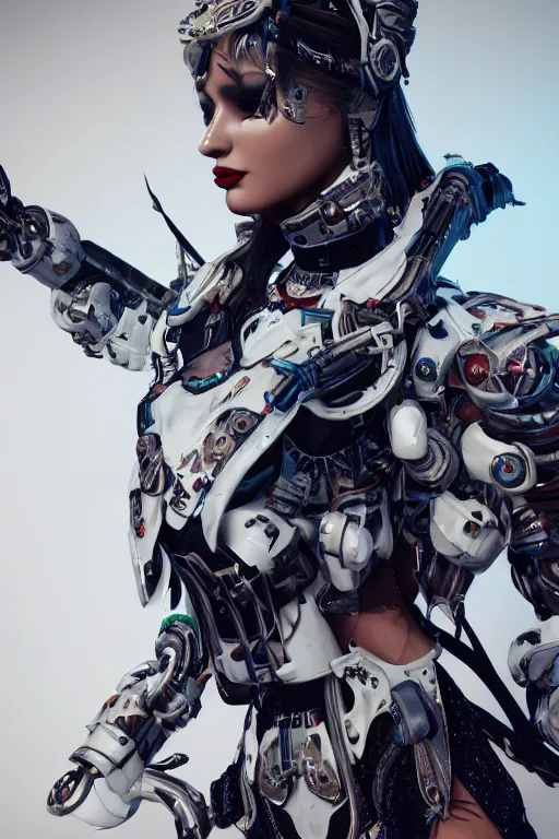 Prompt: white cyborg fashion shot, maasai punk warriors, fractal decorations, unreal engine, trending on artstation,