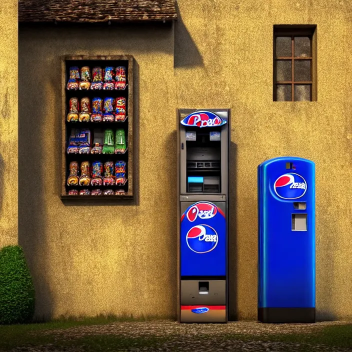 Image similar to pepsi vending machine outside a medieval house in a village. a woman is standing next to the vending machine. perfect faces, extremely high details, realistic, cinematic, octane render, masterpiece, artstation contest winner, art by johannen voss, frank frazetta