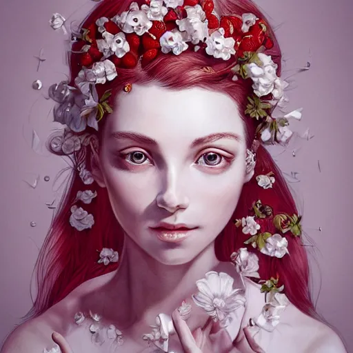 Image similar to the portrait of an absurdly beautiful, graceful, elegant, sophisticated, fashionable young woman made of strawberries and white petals looking down, an ultrafine hyperdetailed illustration by kim jung gi, irakli nadar, intricate linework, bright colors, octopath traveler, final fantasy, unreal engine 5 highly rendered, global illumination, radiant light, detailed and intricate environment