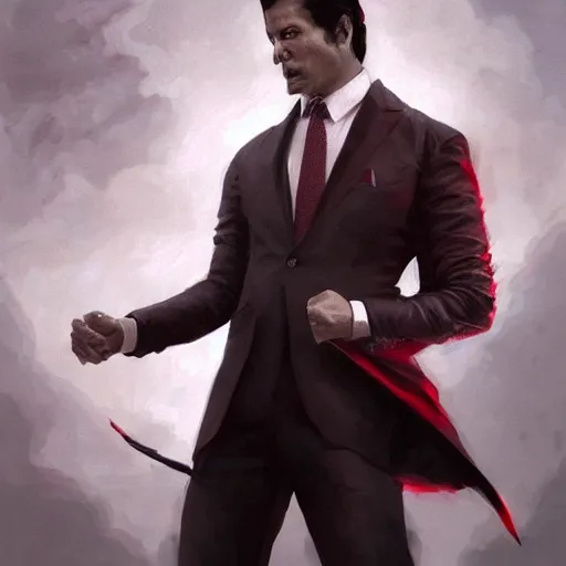 Image similar to portrait of rajesh hamal upper body in bloody business suit, blood red eyes, vampire fangs, fantasy, intricate, elegant, highly detailed, digital painting, artstation, concept art, matte, sharp focus, illustration, art by aenaluck and roberto ferri and greg rutkowski, epic fantasy, digital painting