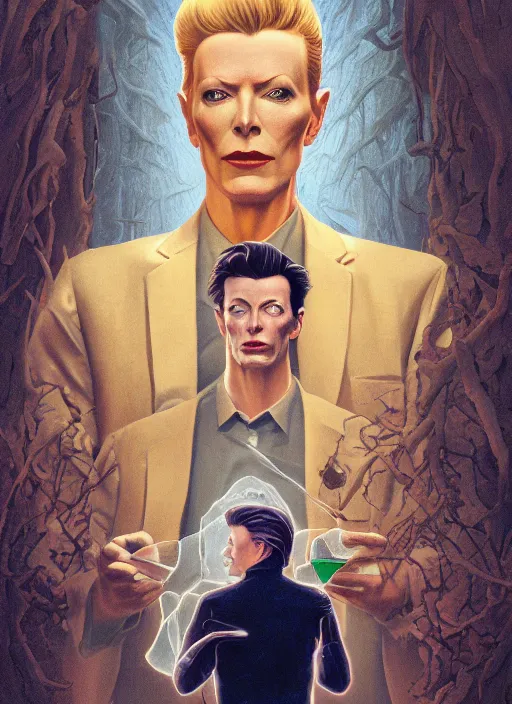 Prompt: Twin Peaks poster artwork by Michael Whelan and Tomer Hanuka, Karol Bak, Rendering of David Bowie holding glass cake dome, from scene from Twin Peaks, full of details, by Makoto Shinkai and thomas kinkade, Matte painting, trending on artstation and unreal engine