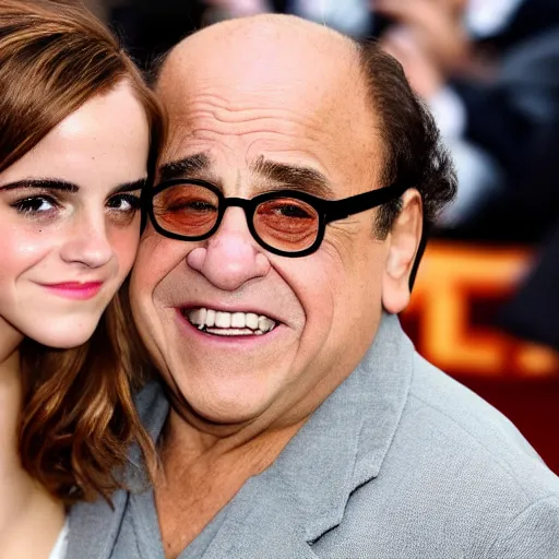 Image similar to danny devito and emma watson, french kissing, tongues, close up, deep