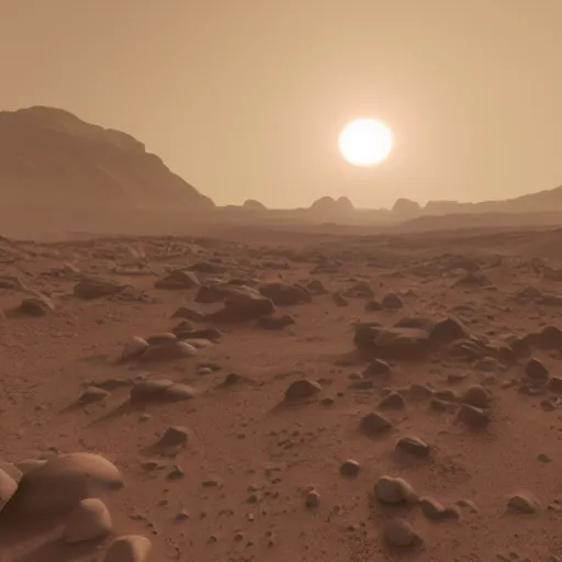 Image similar to « we are on the mar's surface, human colony, sunrise on mars, far view, photorealistic, unreal engine 5, sharp focus »