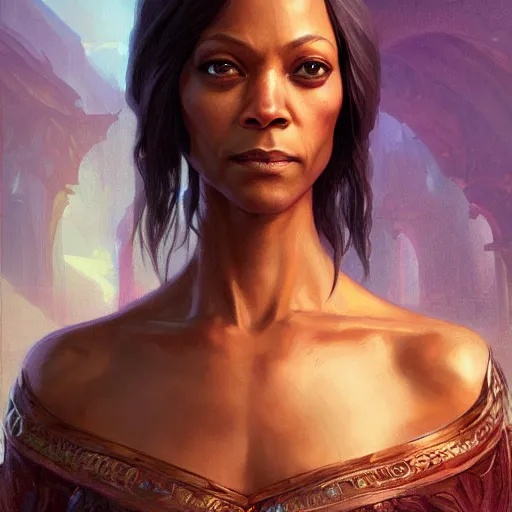 Image similar to zoe saldana, deep focus, d & d, fantasy, intricate, elegant, highly detailed, digital painting, artstation, concept art, matte, sharp focus, illustration, hearthstone, art by artgerm and greg rutkowski and alphonse mucha