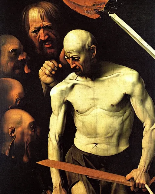 Image similar to David with the Head of Goliath by Caravaggio painting by Hieronymus Bosch