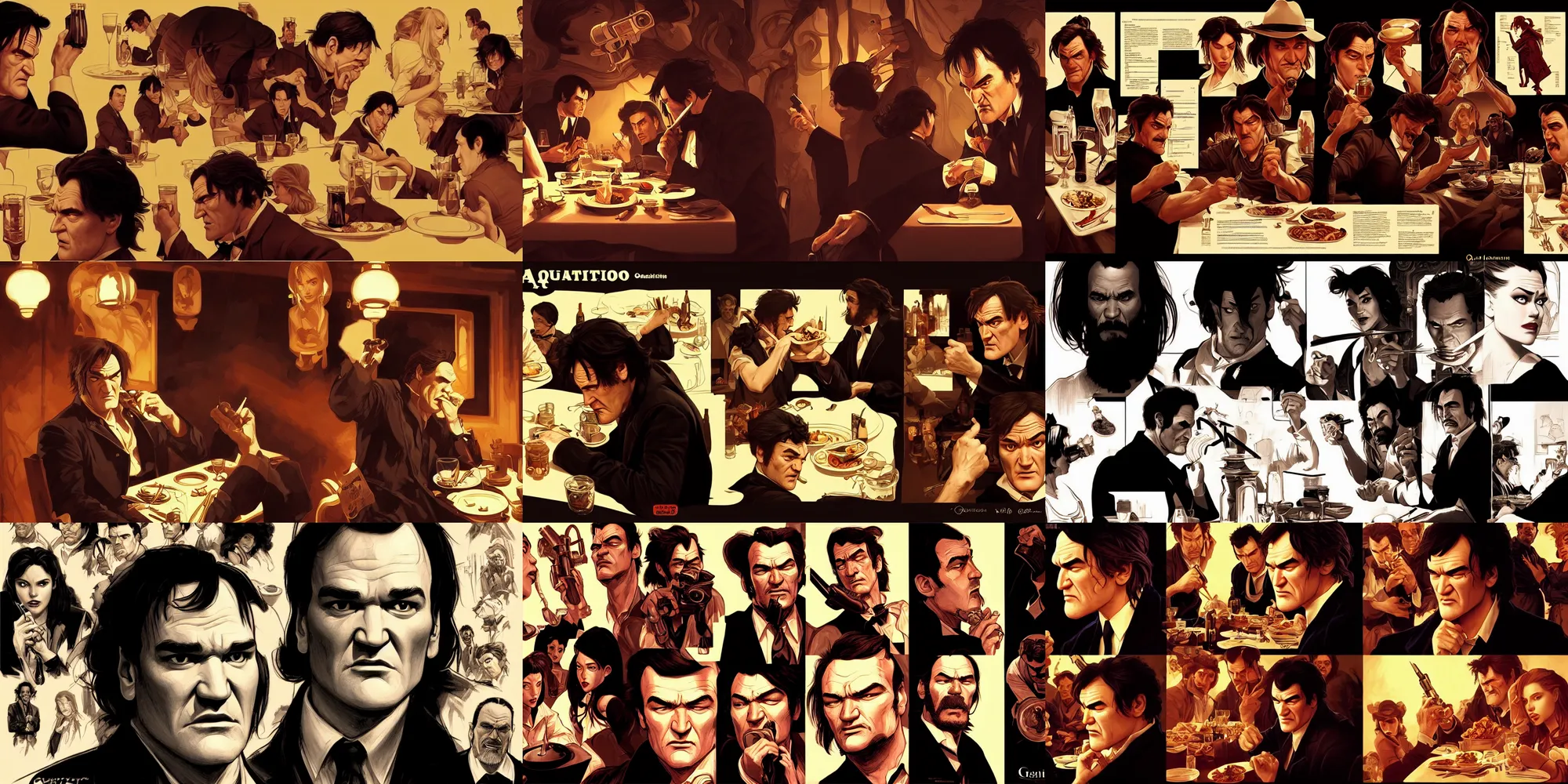 Prompt: quentin tarantino eating dinner, character sheet, character design, contrast, deep focus, turnaround, highly detailed, dramatic lighting, digital painting, artstation, concept art, matte, sharp focus, illustration, elegant, art by artgerm and greg f and alphonse mucha.