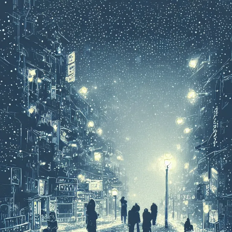 Image similar to beautiful and detailed illustration of tokyo with many lights and lens flares, snowy winter christmas night