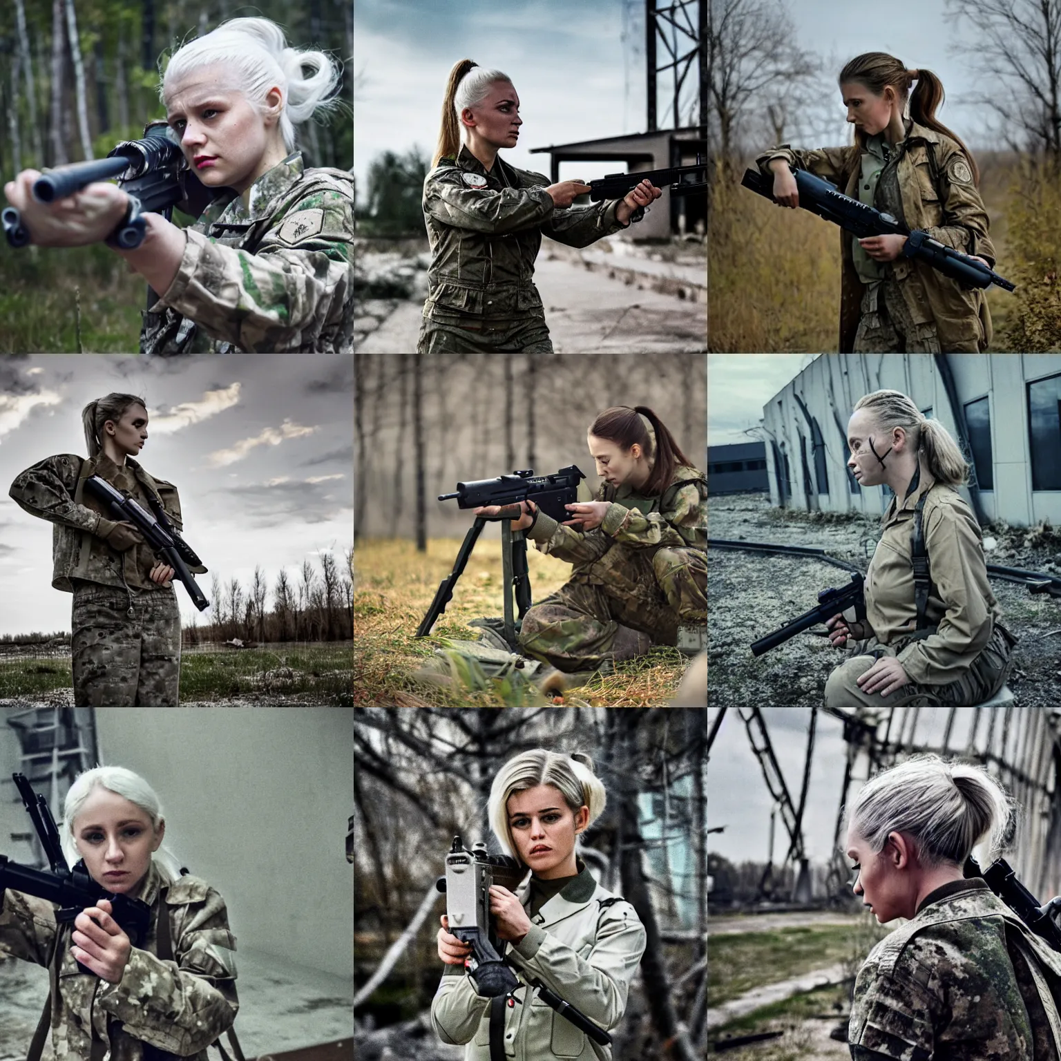 Prompt: tired girl on Chernobyl, white hair ponytail, multicam uniform, holding a gun, cinematic photography, epic composition