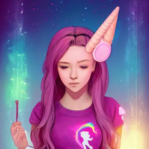 Image similar to very very very beautiful pink gamer girl wearing headphones with a unicorn horn coming out of her head standing in a pink girls room, full body portrait, eye contact, smiling, perfect face, perfect body, extreme long shot, drawn by artgerm and charlie bowater