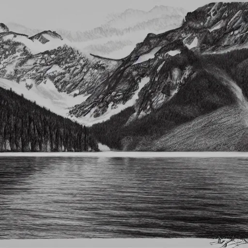 Image similar to lago di sorapis, hyper - realistic black and white drawing, hyper detailed, in the style of den yakovelv