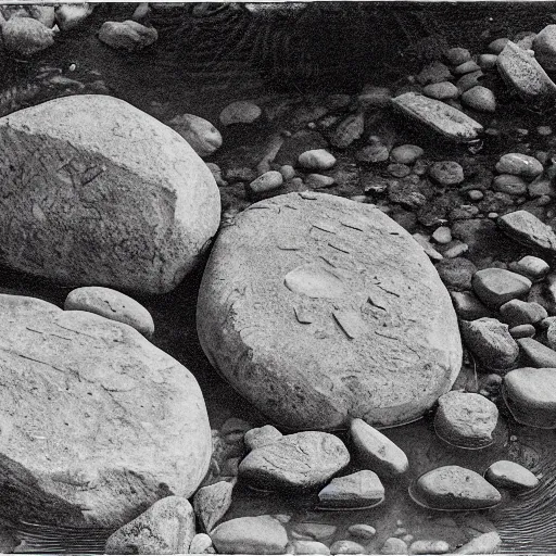 Image similar to detailed footage of european hunger stones in a river, photographic journalism, realistic, european river, 1 6 1 6 writing