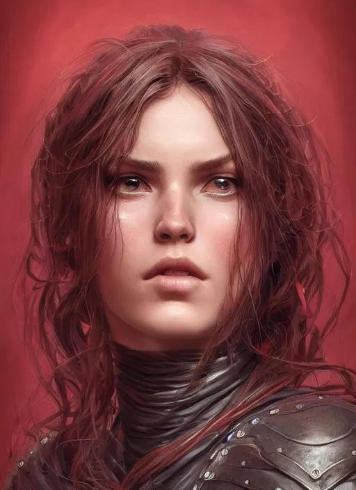 Image similar to vertical portrait of a ruggedly handsome female cleric, soft hair, close - up face, leather, witchy, d & d, fantasy, intricate, elegant, highly detailed, digital painting, artstation, concept art, smooth, sharp focus, illustration, art by artgerm and greg rutkowski and alphonse mucha, plain red background