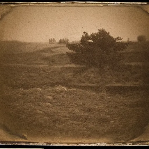 Prompt: landscape photograph from the 1700s, faded, first ever photograph