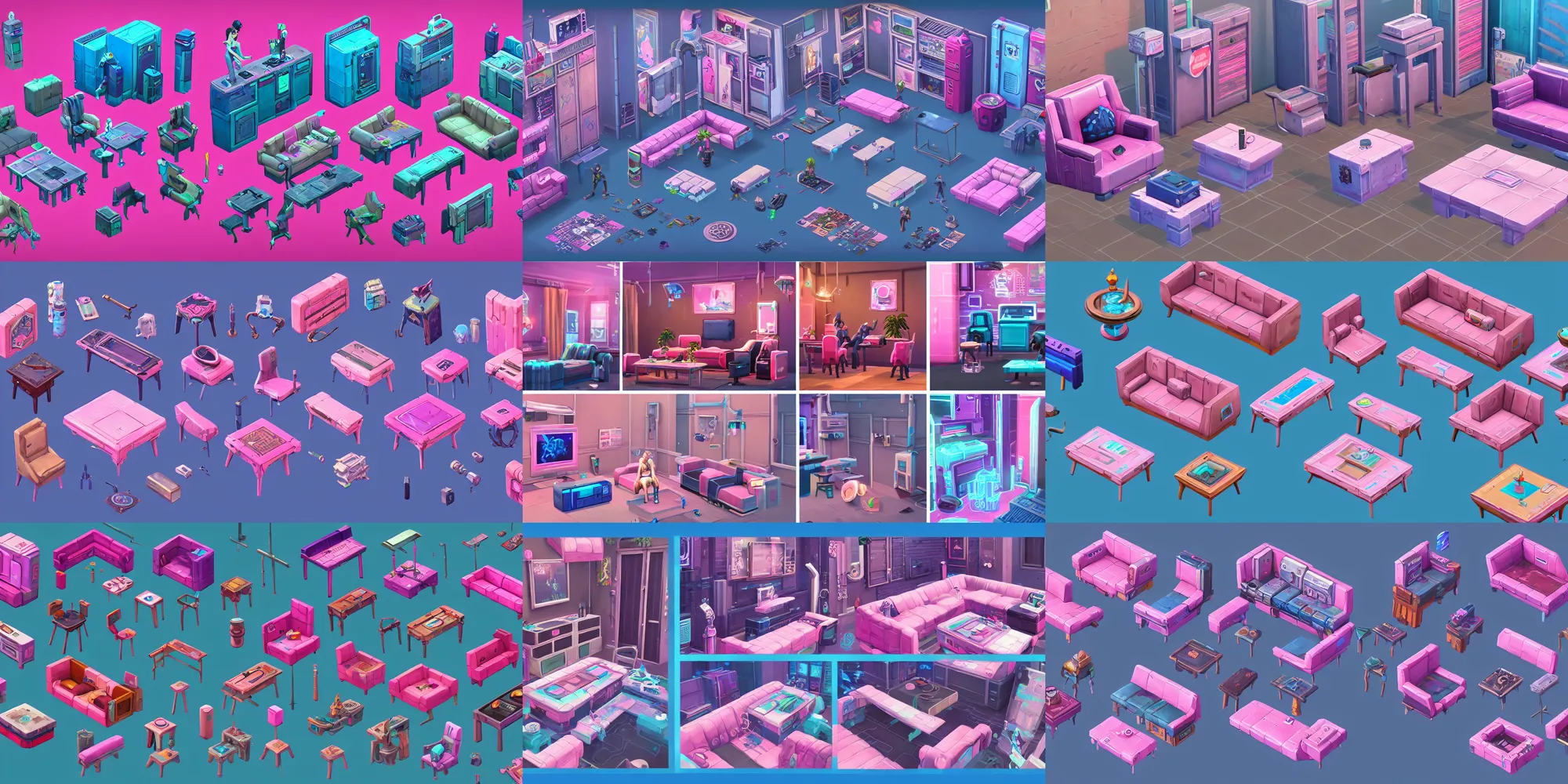 Prompt: game asset of the sims cyberpunk furniture and decor, in gouache detailed paintings, props, stylized, 2 d sprites, kitbash, arcane, overwatch, blue and pink color scheme, 8 k, close up