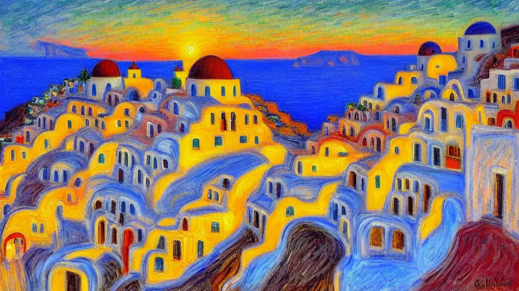 Image similar to oil painting of the town of Oia in Santorini at dusk by Claude Monet, impressionism, golden hour, gorgeous lighting, fine art