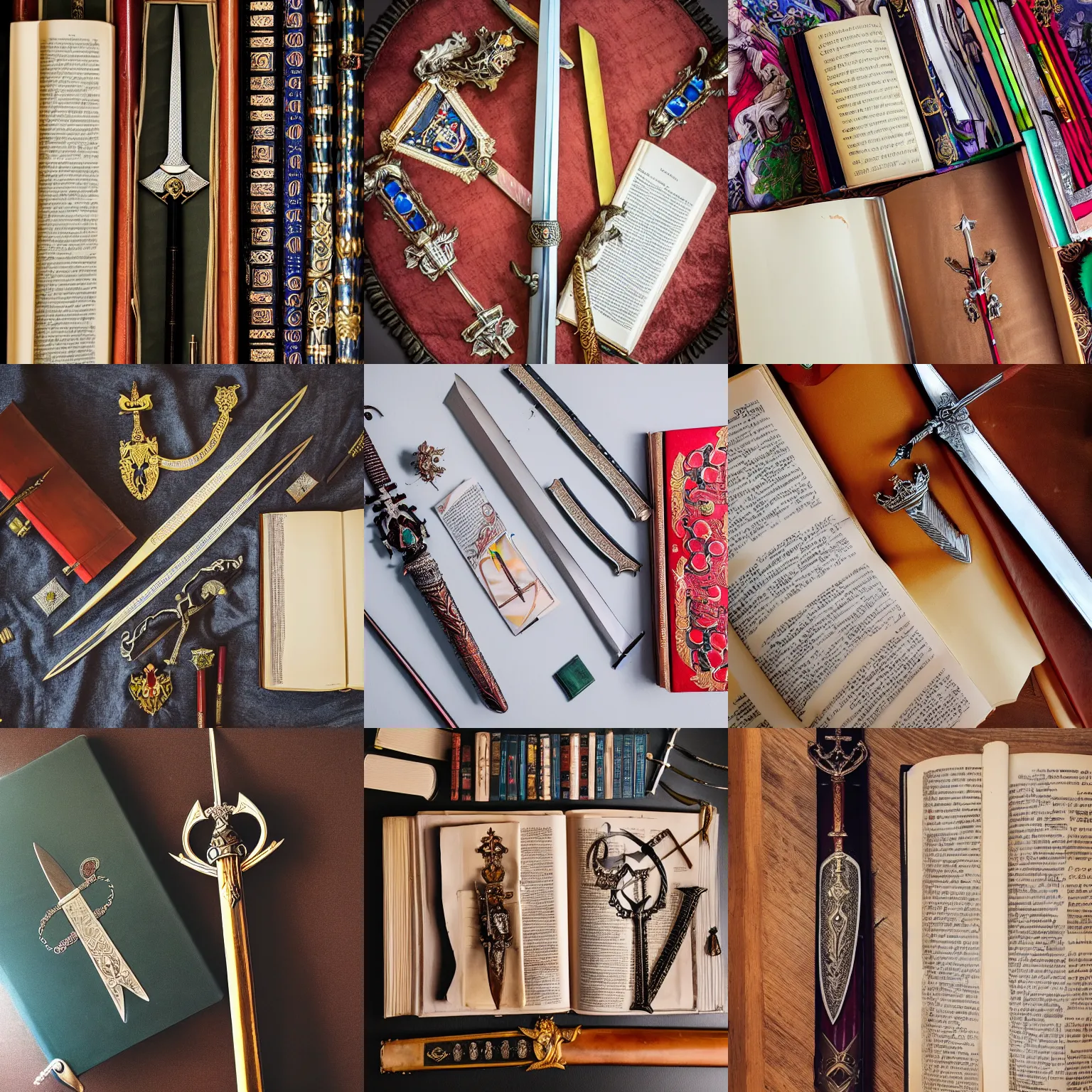 Prompt: flatlay sword, tiara, and book collection, vivid colors, dramatic lighting