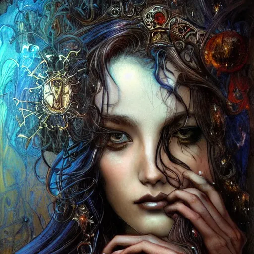 Prompt: masterpiece goddess of sorrow, realistic portrait, young woman, melancholic face, long hair, digital painting by louis royo and julie bell and mucha, dark tenebrous blue background, cinematic lights, aura effect, some chaotic sparkles, ink effects, unreal engine, artstation, deviantart, pinterest