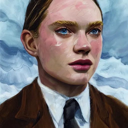 Image similar to professional painting of Elle Fanning as 007 in the style of Scott Listfield and Andrew Wyeth, head and shoulders portrait, symmetrical facial features, smooth, sharp focus, illustration, intricate, stormy weather, extremely detailed masterpiece,