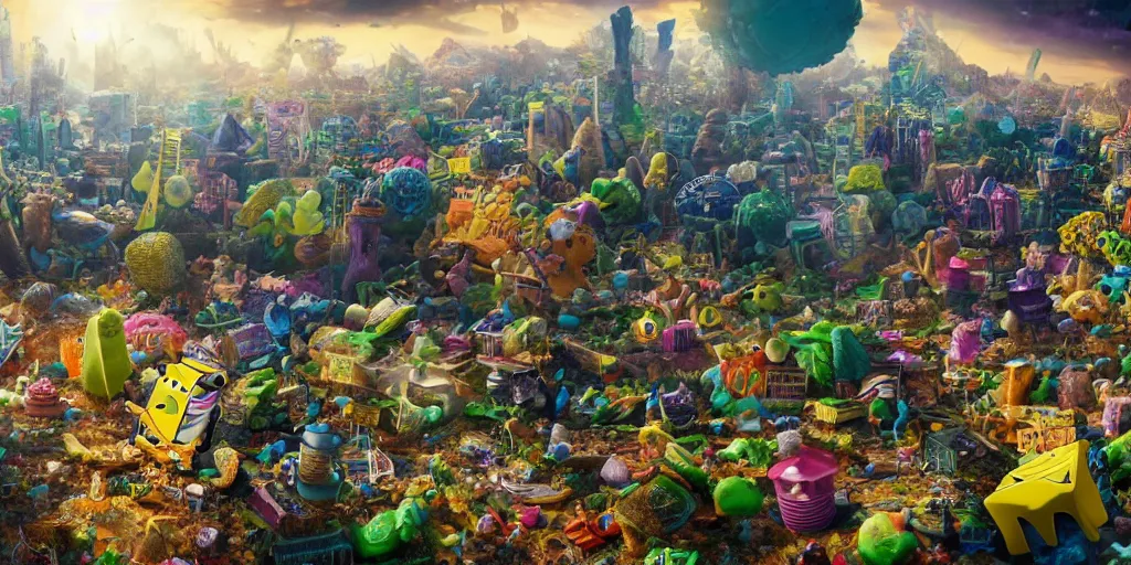 Prompt: Earth destroyed by a huge SpongeBob Toy, realistic 4k octane beautifully detailed render, 4k post-processing, highly detailed, intricate complexity, epic composition, magical atmosphere, cinematic lighting, masterpiece, ultra hd