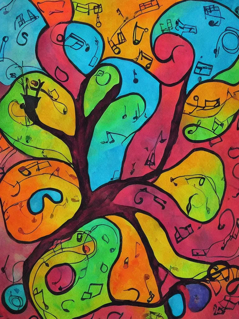 Prompt: a mixed media painting of an acorn that turns into a tree in the shape of a treble clef with a bunch of different colors, loud and exciting