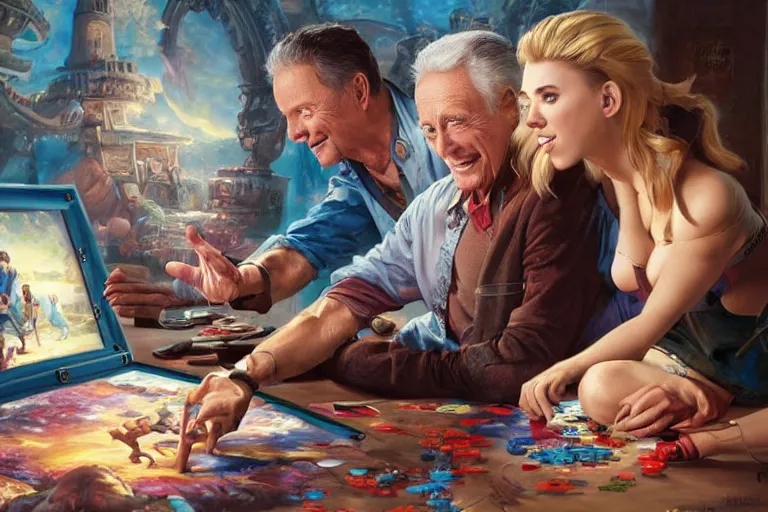 Image similar to portrait of bob barker playing twister with scarlett johansson, an oil painting by ross tran and thomas kincade