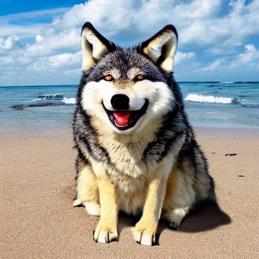 Image similar to an adorable but fierce chubby wolf with rabbit ears, Smiling at the camera with a mischievous grin, at a tropical beach
