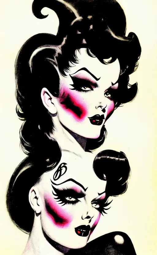 Prompt: burlesque psychobilly, rockabilly, punk, goth girl with a detailed face and black hair, white background, illustration by frank frazetta