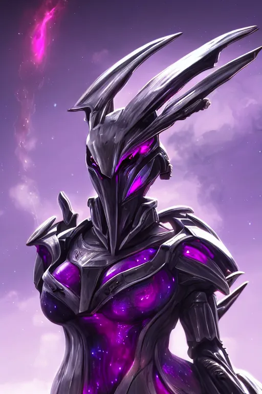 Image similar to cinematic bust shot, hyperdetailed elegant beautiful stunning giant robot mecha hot female goddess dragon, sharp spines, sharp metal ears, smooth purple eyes, smooth fuschia skin, smooth silver armor, nebula size, space, epic proportions, epic scale, warframe fanart, macro giantess, furry art, dragon art, goddess art, giantess art, furaffinity, octane