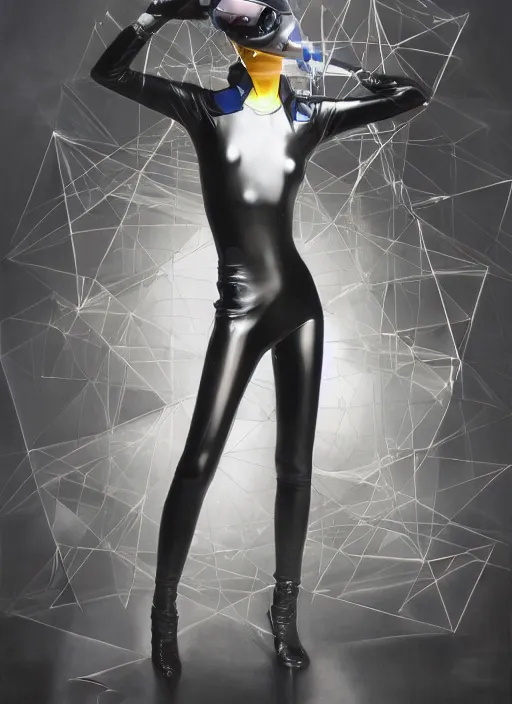 Image similar to futuristic lasers tracing, colorsmoke, leather fullbodysuit, pyramid hoodvisor, raindrops, wet, oiled, beautiful cyborg girl, by steven meisel, kaws, rolf armstrong, mondrian, kandinsky, perfect geometry abstract acrylic, octane hyperrealism photorealistic airbrush collage painting, dark monochrome, fluorescent colors, minimalist rule of thirds, eighties eros