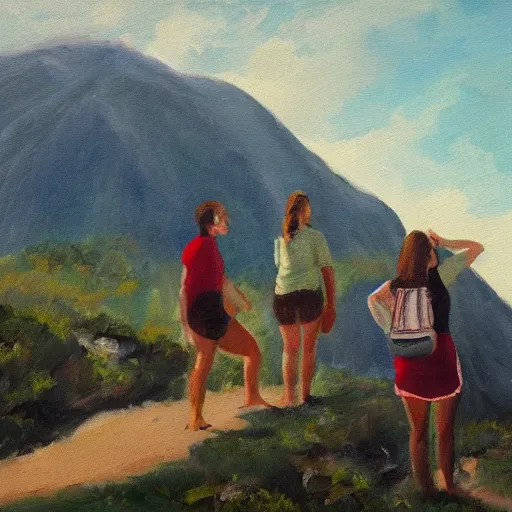 Prompt: tourists wearing sandals with socks falling down the mountain, oil painting