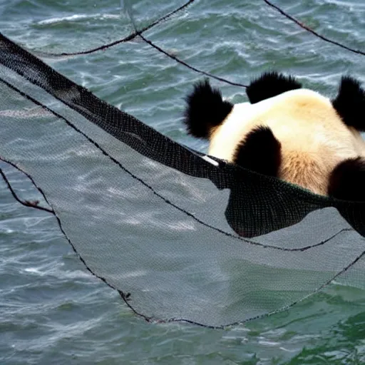 Prompt: panda caught in fishing net, zenith view,