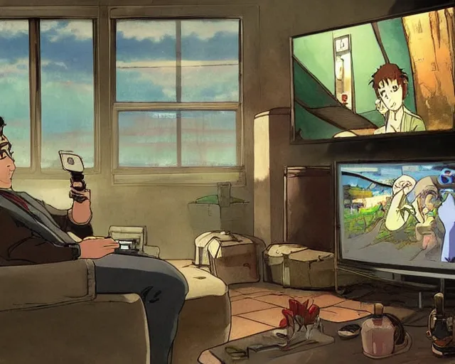 Image similar to beautiful art by studio ghibli of my friend mark kidd playing fallout new vegas on the xbox 3 6 0 in his dark living room. he is illuminated by the glow of the tv. cinematic composition, anime.