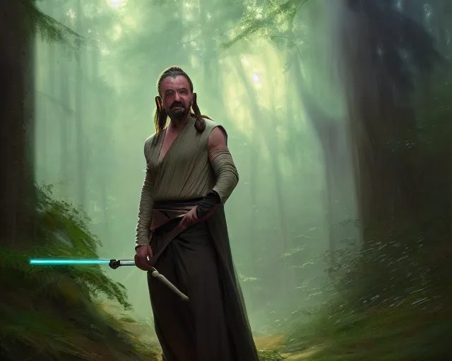 Image similar to qui gon jin as a genie, in a forest. magical atmosphere. art by greg rutkowski. highly detailed 8 k. intricate. lifelike. soft light. nikon d 8 5 0.