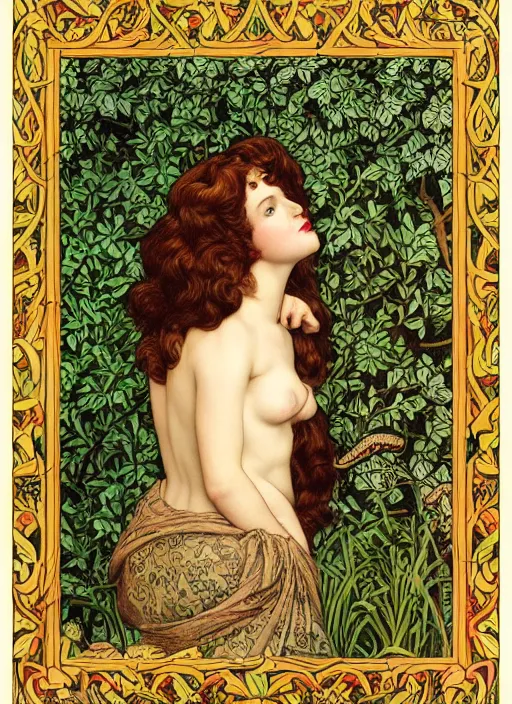 Image similar to masterpiece beautiful seductive flowing curves pinup pose preraphaelite face portrait photography, extreme close up shot, straight bangs, thick set features, yellow ochre ornate medieval dress, amongst inside foliage mushroom forest circle arch, william morris and kilian eng and mucha, framed, 4 k