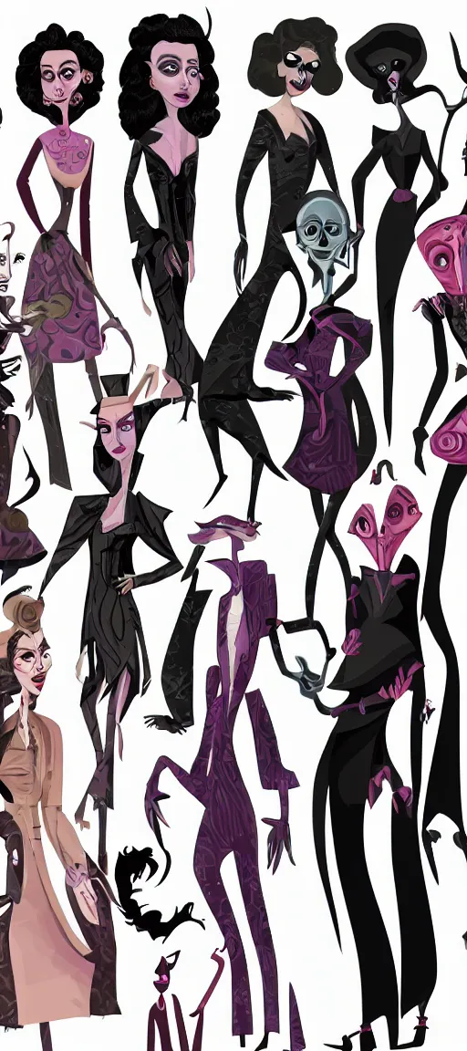 Prompt: a lineup of character designs for new woman villain characters with varying shapes and sizes and inspired by tim burton, high resolution