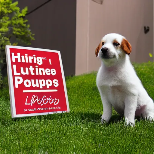 Prompt: photo of a sign beside a box of puppies saying Free Puppies, highly detailed, high quality, HD, 4k, 8k, Canon 300mm, professional photographer, 40mp, lifelike, top-rated, award winning, realistic, sharp, no blur, edited, corrected, trending