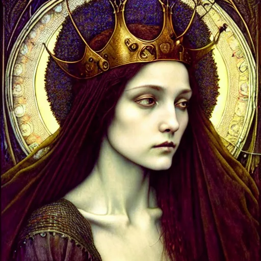 Prompt: detailed realistic beautiful young medieval queen face portrait by jean delville, tom bagshaw, brooke shaden, gustave dore and marco mazzoni, art nouveau, symbolist, visionary, gothic, pre - raphaelite, ornate gilded medieval icon, surreality, ethereal, unearthly, haunting, celestial, neo - gothic, ghostly, memento mori, otherworldly