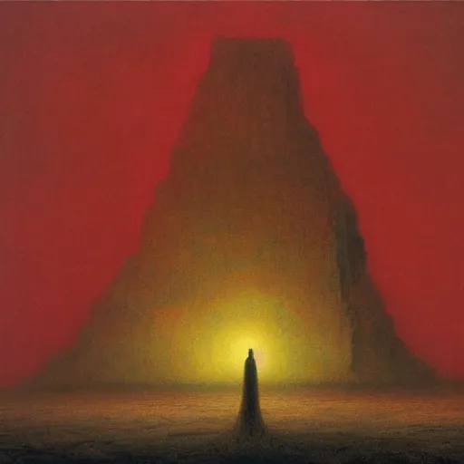 Image similar to The end of the world | a giant standing over the earth | Masterpiece Art by beksinski | Matte painting | Oil on canvas | Digital art | Fantastic and Ominous lighting with red and yellow gradient | Immensity | Romantic art