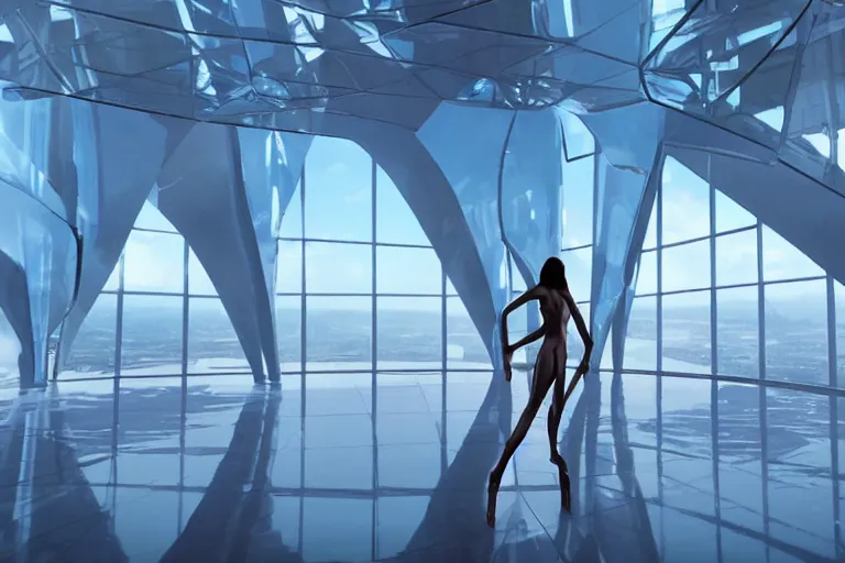 Image similar to vfx movie scene closeup portrait of beautiful blue skin fit skimpy alien woman dancing in sleek futuristic decadent spaceship pillars, futuristic ballroom. giant windows view of earth obit. by emmanuel lubezki