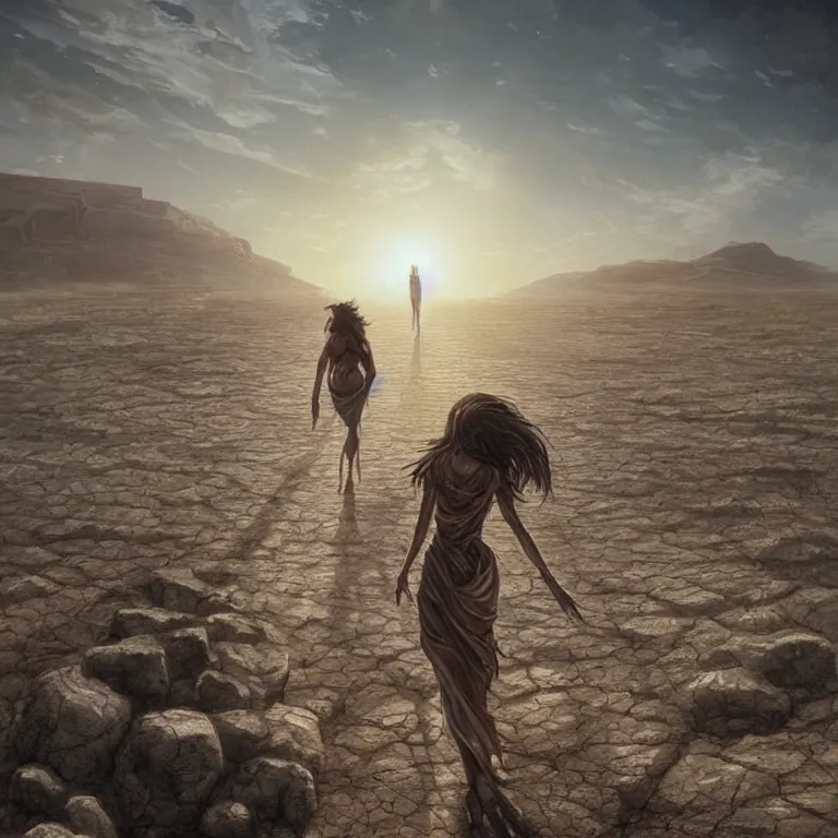 Image similar to A greek goddess walking across a vast desert under an unrelenting sun. award winning. superb resolution. in the art style of junji Ito and greg rutkowski. Detailed post-apocalyptic wasteland in background. Hyper realistic anime. Perfect art.