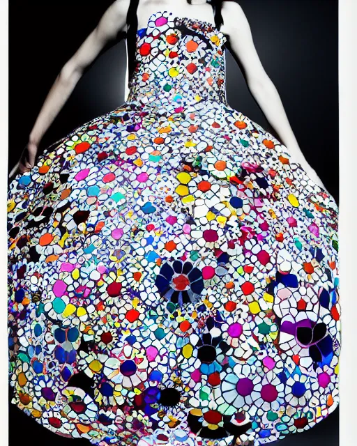 Image similar to A model wearing a dress by Takashi Murakami, fashion photography