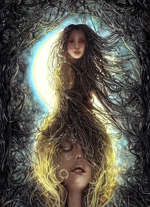 Image similar to glowing silver and golden elements, full close-up portrait, A beautiful dark witch in front of the full big moon, book cover, green forest, red white black colors, establishing shot, extremly high detail, foto realistic, cinematic lighting, pen and ink, intricate line drawings, by Yoshitaka Amano, Ruan Jia, Kentaro Miura, Artgerm, post processed, concept art, artstation, matte painting, style by eddie, raphael lacoste, alex ross