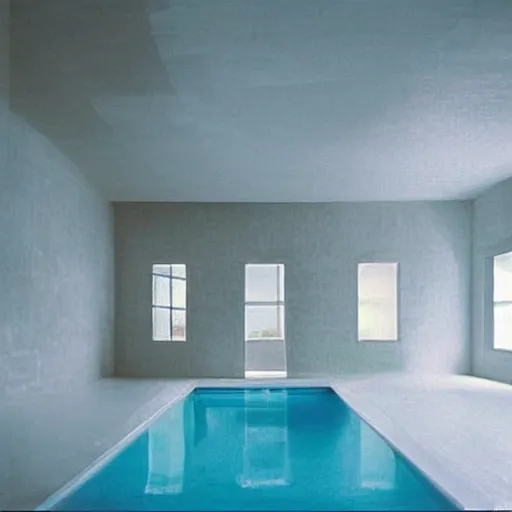 Prompt: “Dream Pool in rooms of white ceramic tile, sunlight coming in from windows with a blue sky”