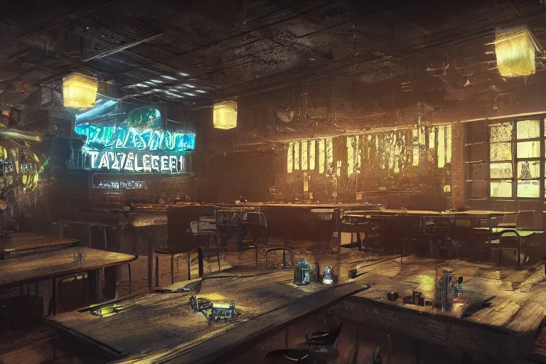 Image similar to ultra mega super hyper realistic Digital concept interior design of cyberpunk tavern with stone walls and neon lights, a lot of electronics, many details in style of Hiromasa Ogura and Josan Gonzalez. Natural white sunlight from the transperient roof. Rendered in VRAY and DaVinci Resolve and MAXWELL and LUMION 3D, Volumetric natural light